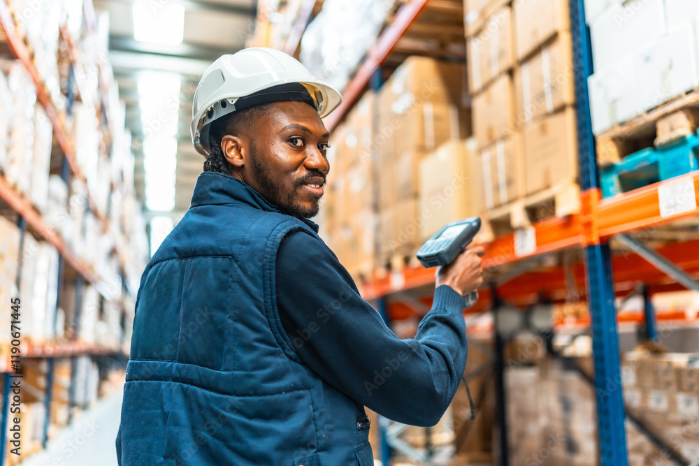 Happy african worker scanning packages in a large warehouse Happy african worker scanning packages in a large warehouse