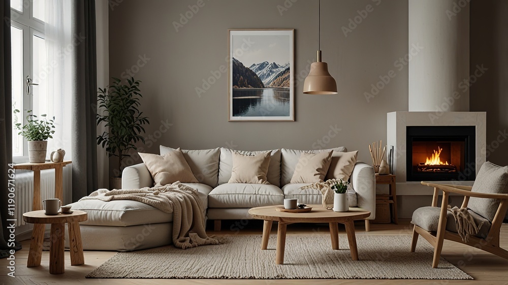 Obraz premium Cozy living room interior, Scandinavian style. Wooden furniture and elegant.