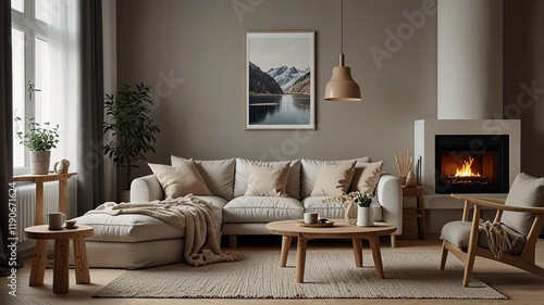 Cozy living room interior, Scandinavian style. Wooden furniture and elegant.