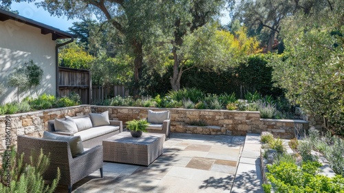 Outdoor Patio with Stone Walls and Woven Furniture surrounded by Lush Greenery