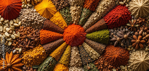 A circular display showcases a variety of spices, featuring a spectrum of colors and textures. The arrangement includes whole spices alongside finely powdered ones, enhancing visual appeal photo