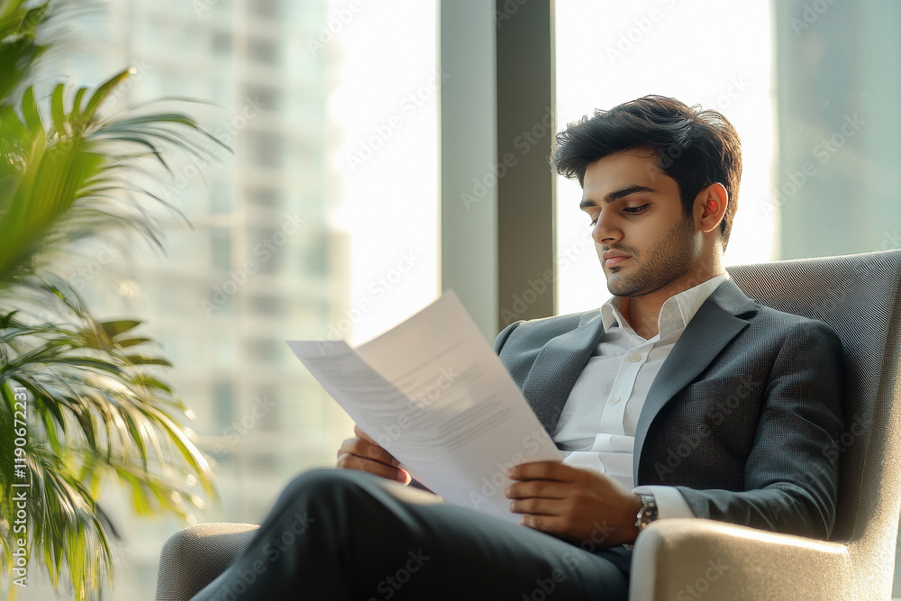 Young indian businessman sitting on chair checking document Young indian businessman sitting on chair checking document