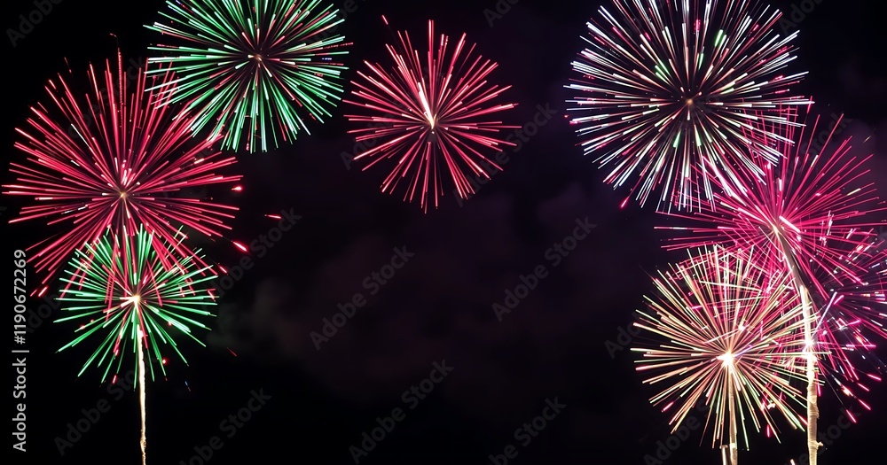 Fototapeta premium Fireworks, Holiday fireworks above water with reflection on the black sky background