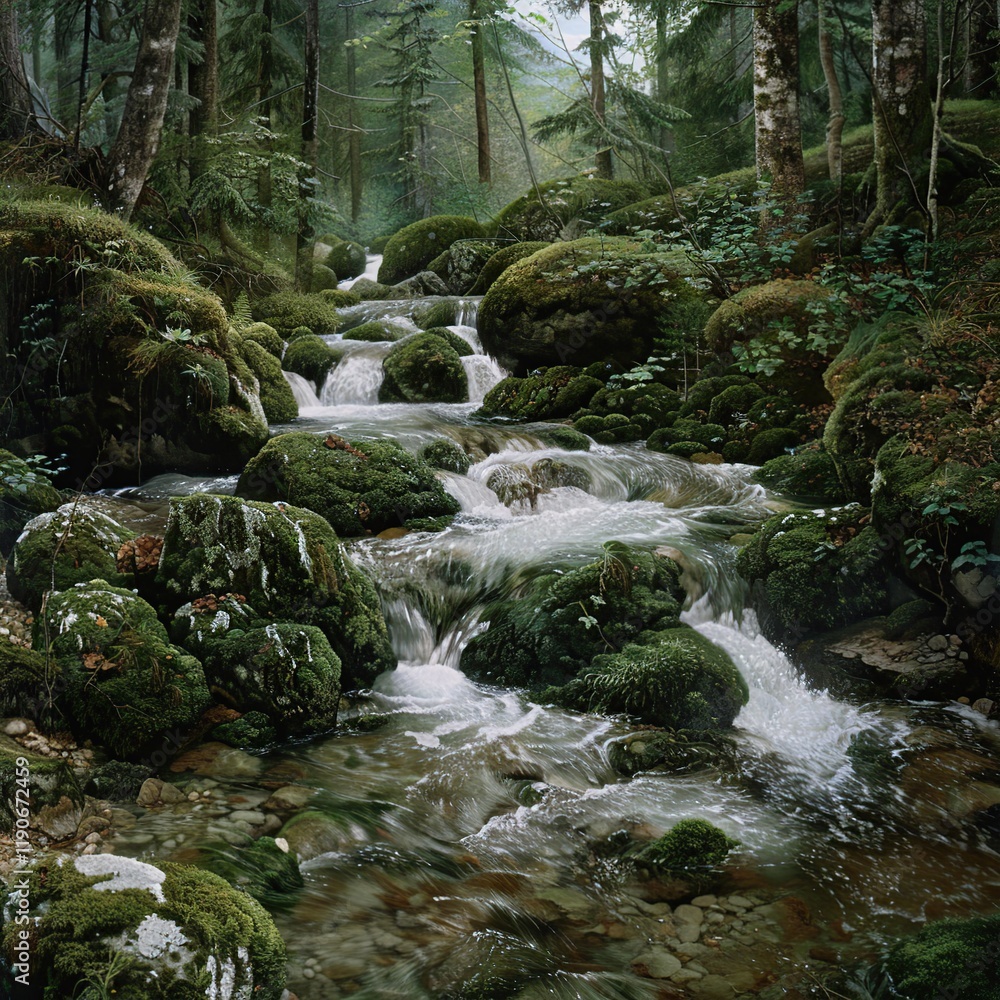 Mossy rocks and stream in lush forest. Mossy rocks and stream in lush forest.