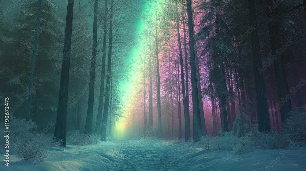 Fototapeta premium A peaceful winter forest illuminated by the northern lights, with beams of green and pink light casting a dreamy glow on the snow-covered ground.