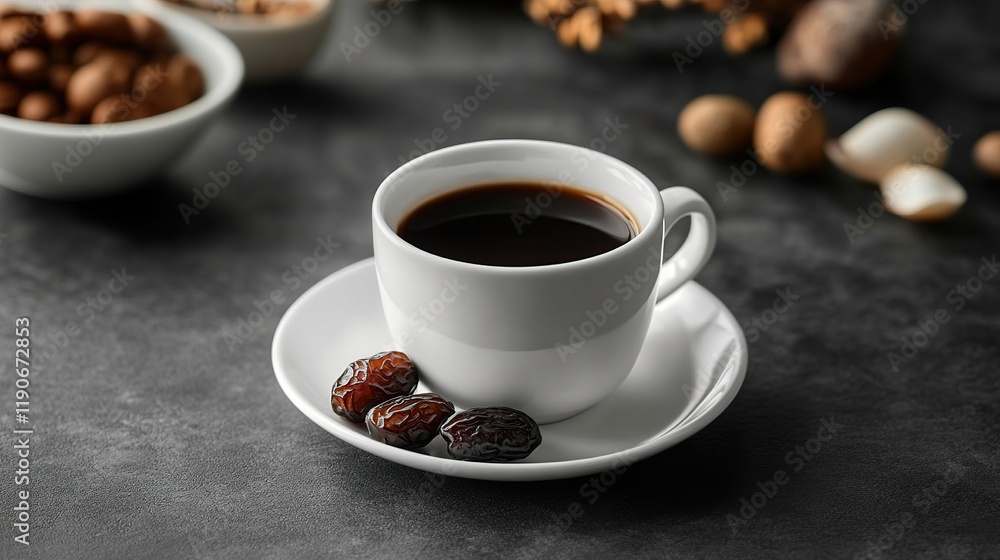Coffee cup with dates on dark surface. Coffee cup with dates on dark surface.