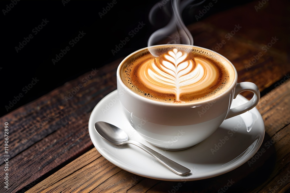 Close-up of a steaming latte coffee on a rustic dark setting with copy space Close-up of a steaming latte coffee on a rustic dark setting with copy space