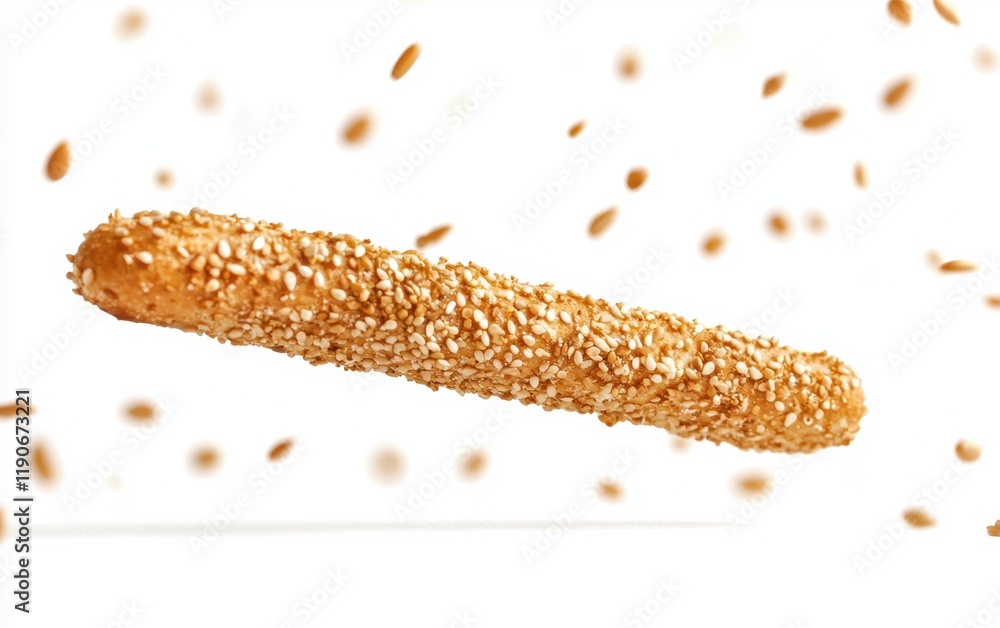 Fototapeta premium A flying breadstick with sesame seeds, hovering horizontally on a bright white backdrop