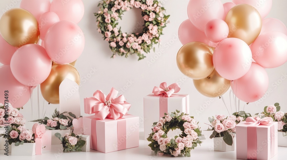 Festive Pink and Gold Balloon Decorations with Gift Boxes and Flowers Festive Pink and Gold Balloon Decorations with Gift Boxes and Flowers