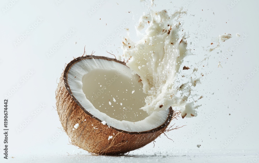 A fresh coconut half hovering dynamically mid-air with its white flesh detailed on a bright white backdrop A fresh coconut half hovering dynamically mid-air with its white flesh detailed on a bright white backdrop