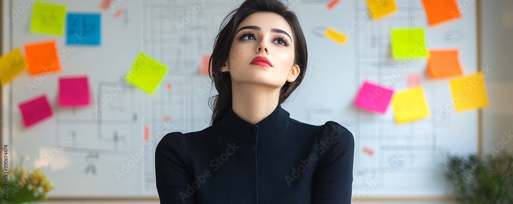Thoughtful Woman in Stylish Attire with Colorful Notes Thoughtful Woman in Stylish Attire with Colorful Notes