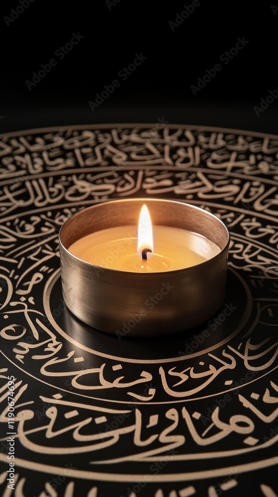 A Single Candle Flame Illuminating an Intricately Designed Round Base with Arabic Calligraphy and Geometric Patterns in a Dark Atmosphere A Single Candle Flame Illuminating an Intricately Designed Round Base with Arabic Calligraphy and Geometric Patterns in a Dark Atmosphere