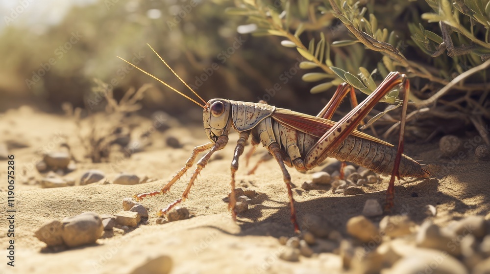 An Egyptian locust captured mid-motion on sandy soil, with a Mediterranean shrub in the background adding depth to the sunlit scene. An Egyptian locust captured mid-motion on sandy soil, with a Mediterranean shrub in the background adding depth to the sunlit scene.