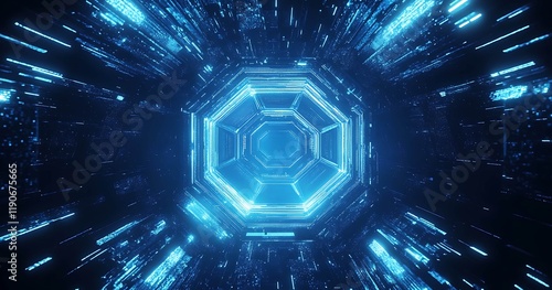 Futuristic blue glowing hexagonal technology display virtual space digital art sci-fi environment photo