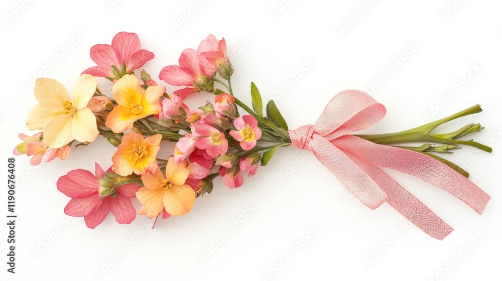 Obraz premium Colorful Blossoms with Soft Ribbon on White Background for Design