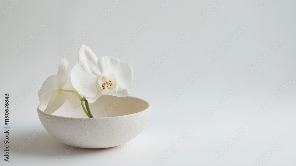 Elegant White Orchid in Minimalist Bowl on Soft Neutral Background Elegant White Orchid in Minimalist Bowl on Soft Neutral Background