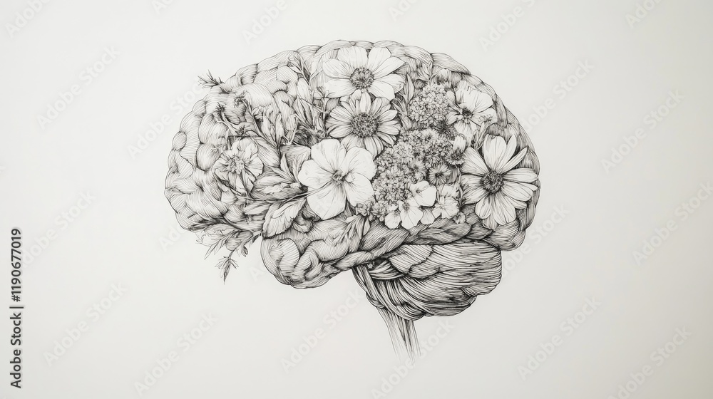 Brain Illustration with Floral Elements for Creative Design Purposes Brain Illustration with Floral Elements for Creative Design Purposes