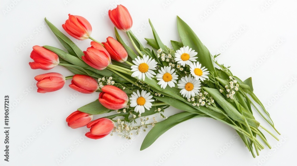 Elegant Arrangement of Red Tulips and White Daisies on White Background Elegant Arrangement of Red Tulips and White Daisies on White Background