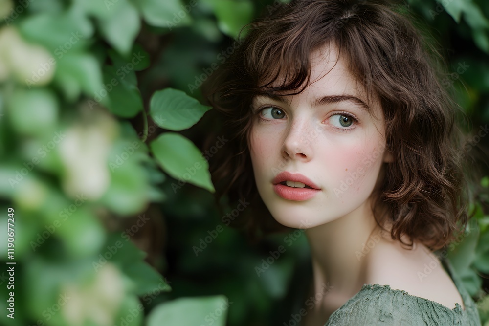 Young Woman with Freckles in Lush Green Foliage Young Woman with Freckles in Lush Green Foliage