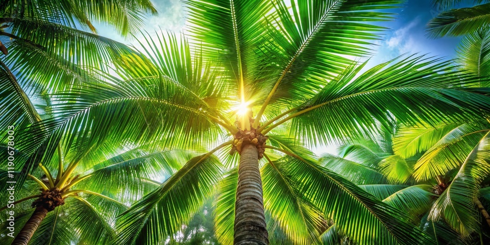 Fototapeta premium Minimalist Lush Tropical Trees: Palm Leaves and Sunlight, Stock Photo