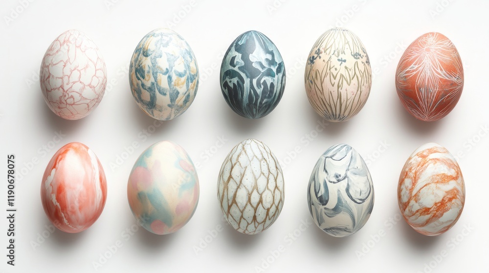 Decoratively painted eggs with unique patterns arranged in a neat line, highlighting the artistry involved in their creation. Each egg displays stunning craftsmanship and vivid colors. Decoratively painted eggs with unique patterns arranged in a neat line, highlighting the artistry involved in their creation. Each egg displays stunning craftsmanship and vivid colors.