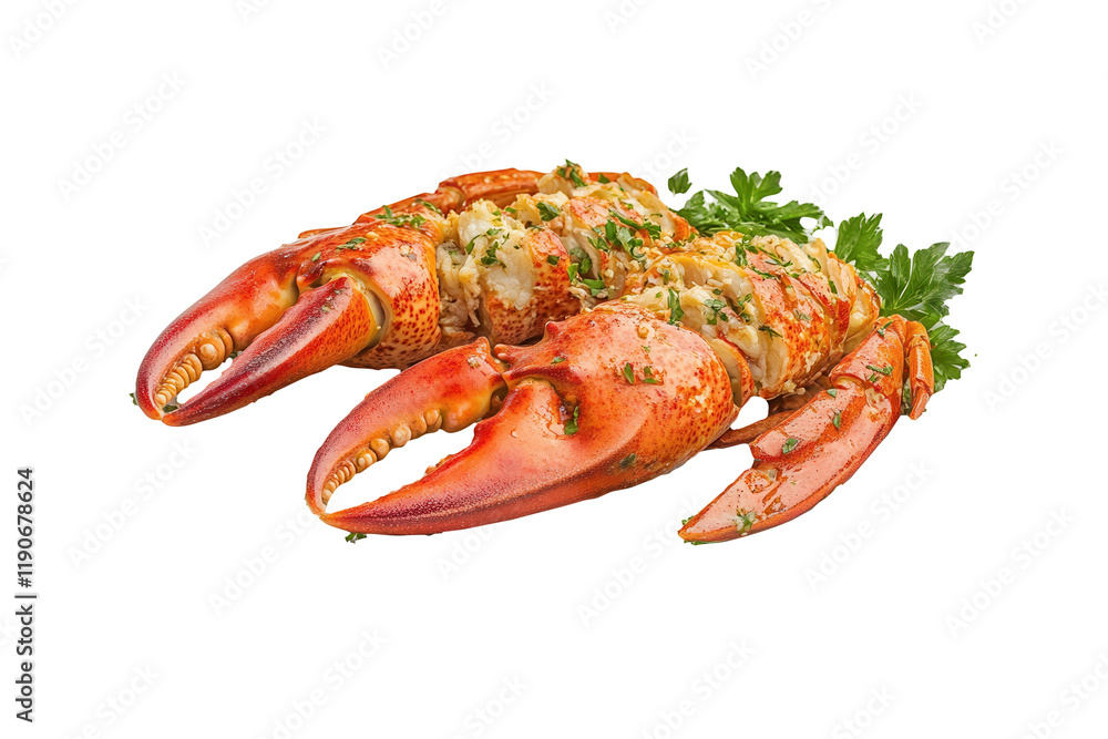 Cooked lobster claws, plate, parsley, white background, food photography Cooked lobster claws, plate, parsley, white background, food photography