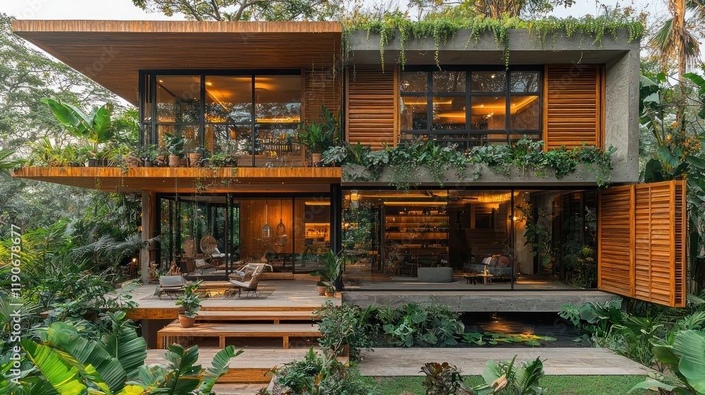 A tropical facade with wooden louvered panels, wide overhangs, and lush vegetation framing the structure. A tropical facade with wooden louvered panels, wide overhangs, and lush vegetation framing the structure.