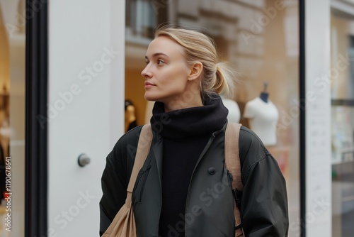 A woman wearing a black coat and a brown bag is standing in front of a store window. She looks like she is waiting for someone or just finished shopping photo