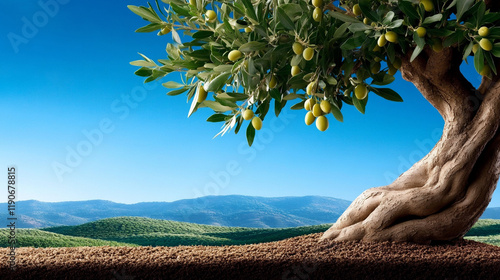 Ancient Olive Tree Stands Resilient Amidst Rolling Hills Under a Clear Blue Sky at Sunset photo