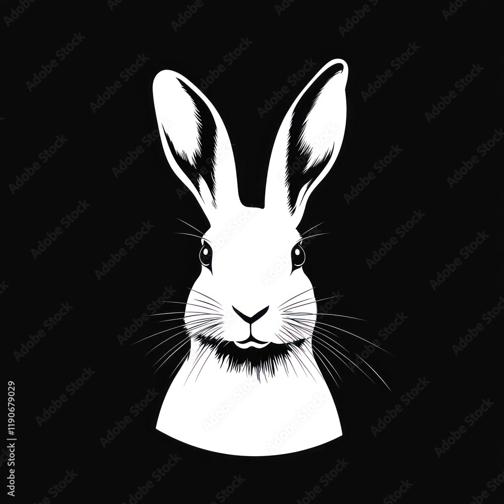 Fototapeta premium White rabbit portrait, black background, graphic design, illustration, logo