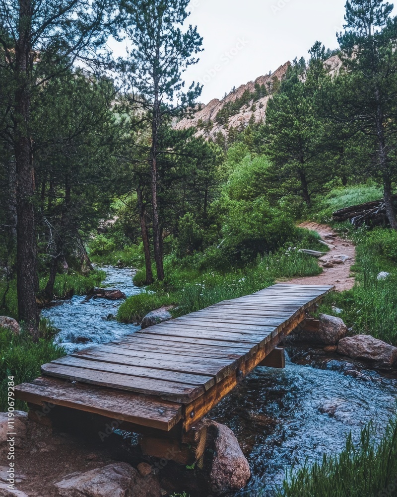 A serene photo of a wooden footbridge crossing a creek on a peaceful trail A serene photo of a wooden footbridge crossing a creek on a peaceful trail