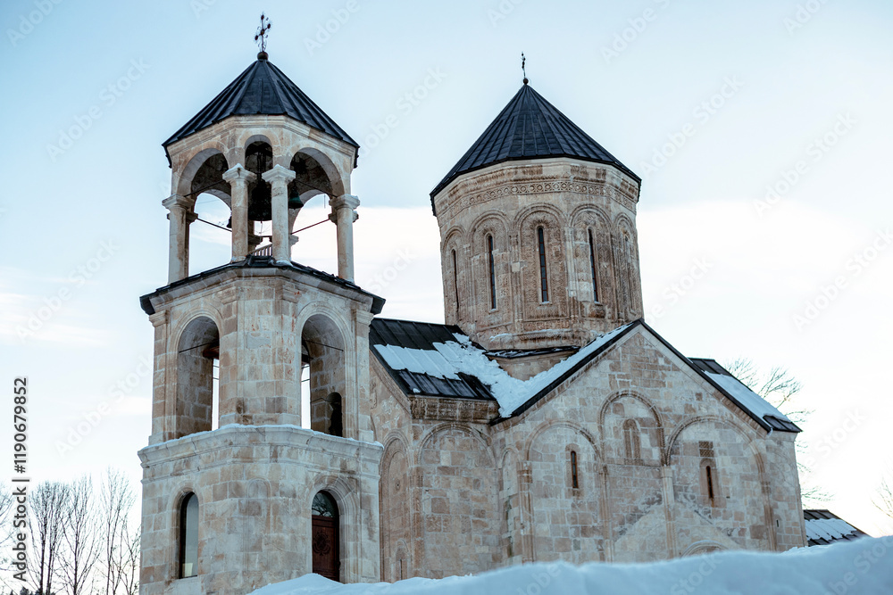 Fototapeta premium Orthodox church in Nicortsminda, region Racha region in Georgia. A significant Christian temple built in 11 century. Symbol of faith.