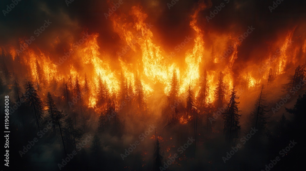 Forest Canopy Engulfed in Towering Wildfire Flames Forest Canopy Engulfed in Towering Wildfire Flames
