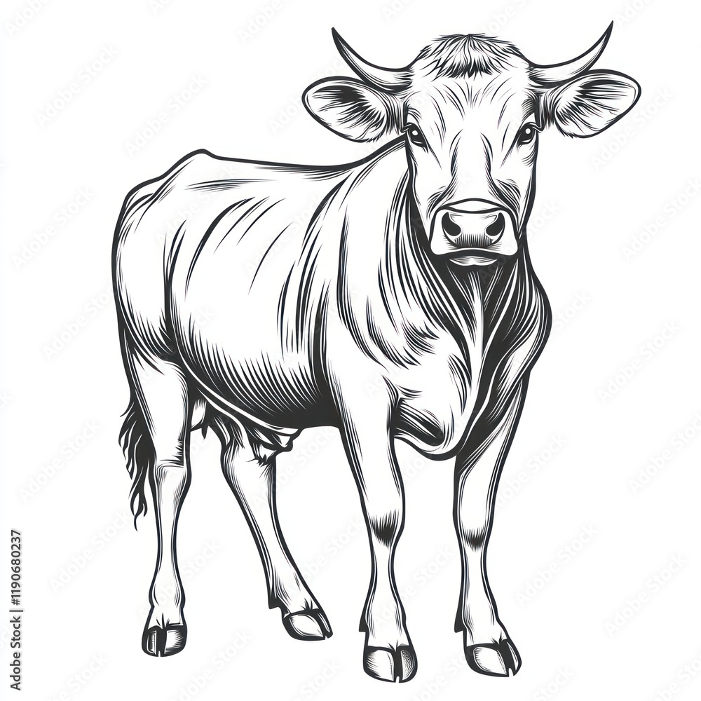 Fototapeta premium Standing Cow, Farm Animal, Line Art, White Background, Food Industry Illustration