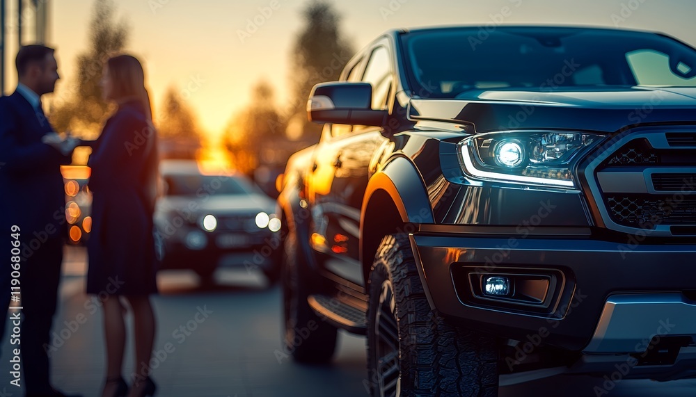 Dealership Negotiation Sales Team Engages Customers by a Powerful, Rugged Truck at Sunset Dealership Negotiation Sales Team Engages Customers by a Powerful, Rugged Truck at Sunset