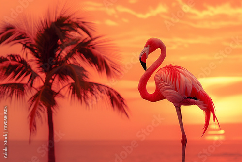 Flamingo with palm tree on sunset orange background - tropical vacation design photo