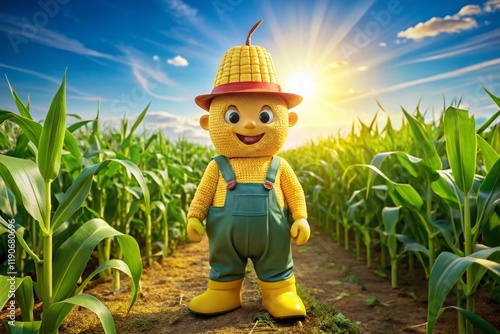 Cute Sweet Corn Cartoon Character Posing, Drone Aerial View, Farm, Summer, Vegetable photo