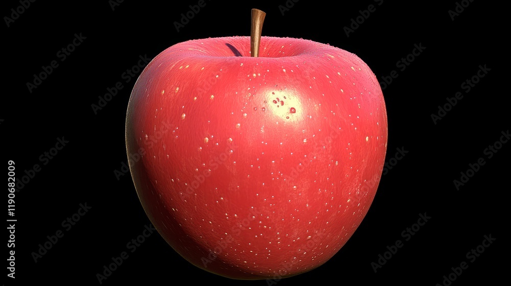 Obraz premium Bright Red Apple with Glossy Skin and Detailed Texture, Ideal for Food, Health, and Nutrition Themes, Perfect for Stock Photo Collections and Advertisements