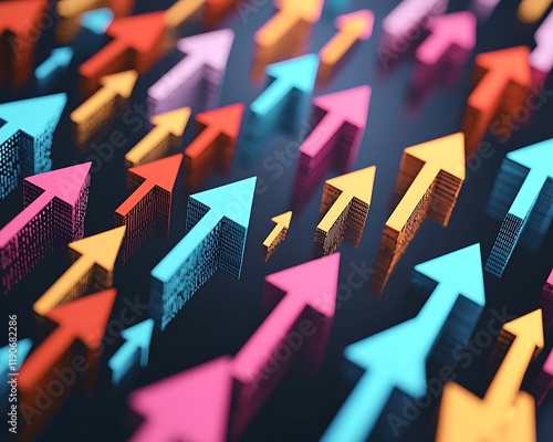 Colorful arrows representing market growth and decline.