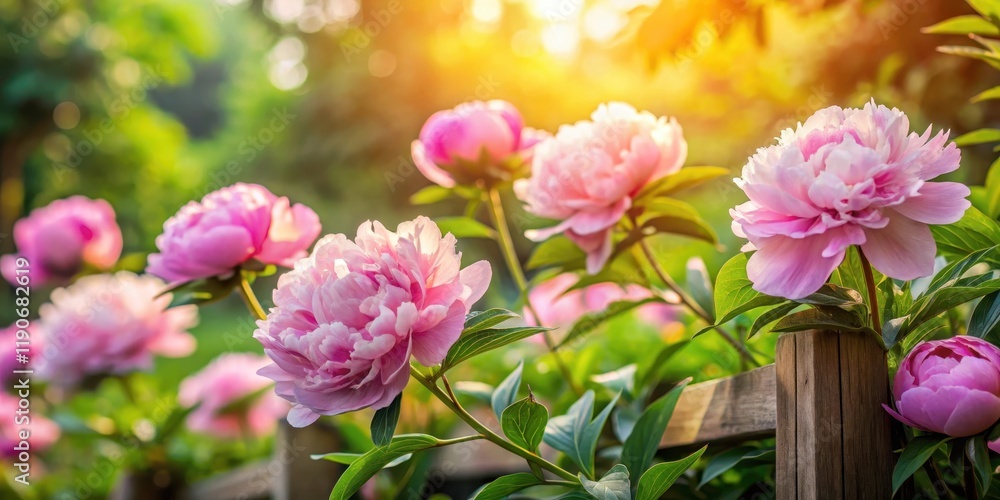 Soft pink peony flowers in a lush garden setting with greenery and a wooden fence, surrounded by soft sunlight filtering through the leaves, soft focus, natural light Soft pink peony flowers in a lush garden setting with greenery and a wooden fence, surrounded by soft sunlight filtering through the leaves, soft focus, natural light