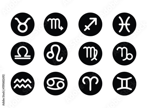 Zodiac horoscope signs on black icons set: Taurus, Scorpio, Sagittarius, Gemini, Libra, Leo, Virgo, Capricorn, Aquarius, Cancer, Aries, Pisces