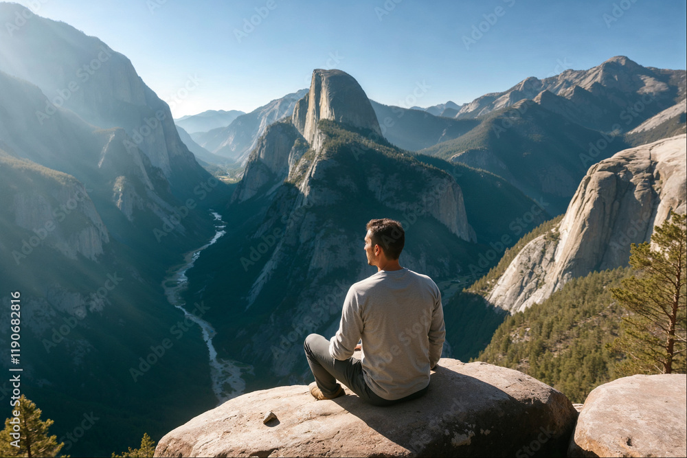 Hiker sitting on cliff enjoying breathtaking view of yosemite valley, half dome, and merced river at sunrise, embracing the tranquility and vastness of nature Hiker sitting on cliff enjoying breathtaking view of yosemite valley, half dome, and merced river at sunrise, embracing the tranquility and vastness of nature