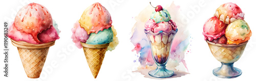 set of watercolor ice cream with topings, isolated soft focus on the transparent background photo