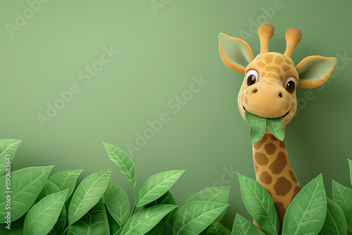 Cartoon Giraffe Munching on Leaf with Copyspace, Green Background, Playful Animal Theme photo