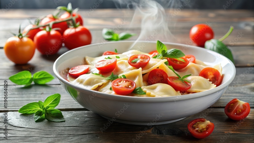Steaming hot ravioli dish with a side of fresh tomatoes and melted mozzarella cheese in a white ceramic bowl, sauce, food, sauce Steaming hot ravioli dish with a side of fresh tomatoes and melted mozzarella cheese in a white ceramic bowl, sauce, food, sauce