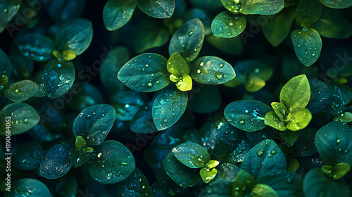 Lush green foliage with dew drops, close-up macro shot. Vibrant leaves with water droplets, nature background