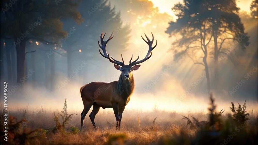 Obraz premium A majestic red deer stag silhouette stands proudly against a soft, misty backdrop in a serene forest setting, exuding strength and elegance , antlered, wildlife photography