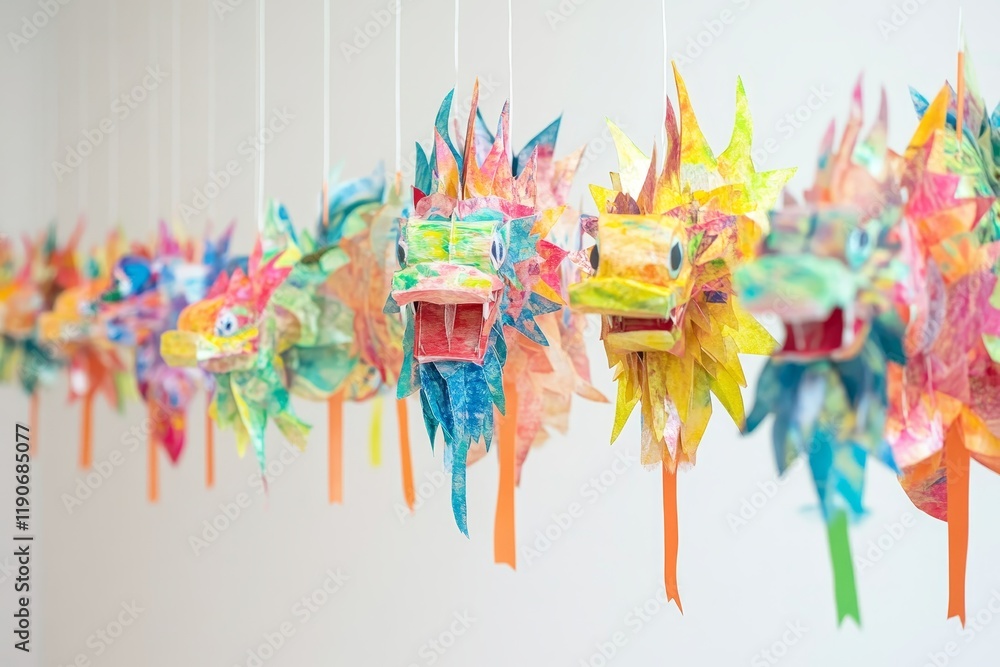 Obraz premium Colorful Paper Dragon Masks Hanging in a Row, Showcasing Artistic Creativity and Vibrant Art for festive Celebrations and Cultural Events