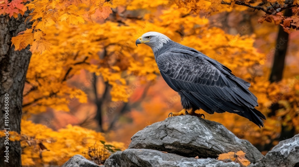 Fototapeta premium Majestic Eagle on Rocks Surrounded by Colorful Autumn Leaves