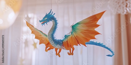 Colorful paper dragon hanging in a bright room with soft lighting, showcasing vibrant wings and intricate details, perfect for children's room decor and fantasy themes photo